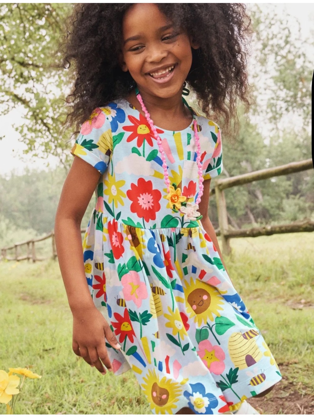 Mini Boden Jersey Dress Bees Flowers Girls Cotton 6/7